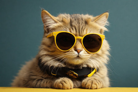 Cute cat wearing sunglasses on color background, close-up.の素材