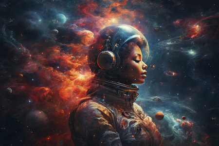 Astronaut in deep space. Science fiction art. Mixed mediaの素材