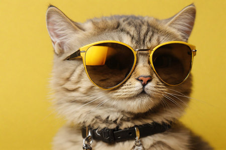 Cute cat wearing sunglasses on color background, closeup. Fashion conceptの素材
