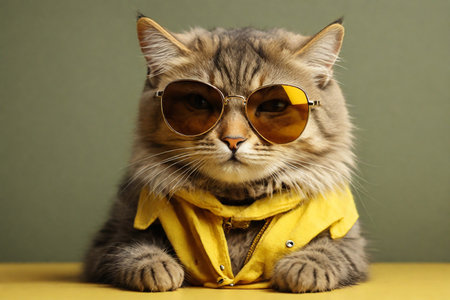 Cute cat wearing yellow jacket and sunglasses on a yellow background.の素材