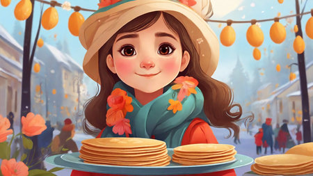 Cartoon girl with pancakes on the street, 3d illustration.の素材