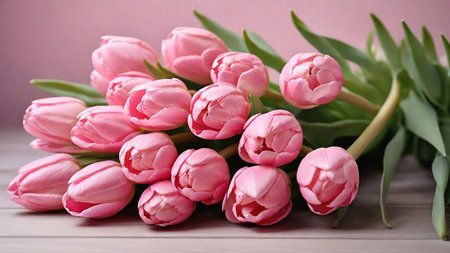 Bouquet of pink tulips on wooden background, closeupの素材