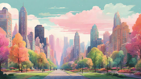 City park in the spring with skyscrapers and green trees.の素材
