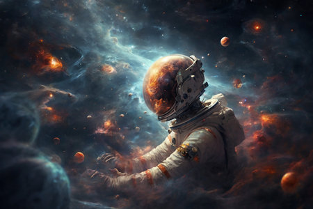 An astronaut in a spacesuit in outer space, bright multi-colored stars and universes on the backgroundの素材
