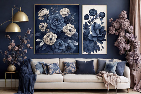 modern interior design with blue wall, sofa and flowers, 3d renderの素材