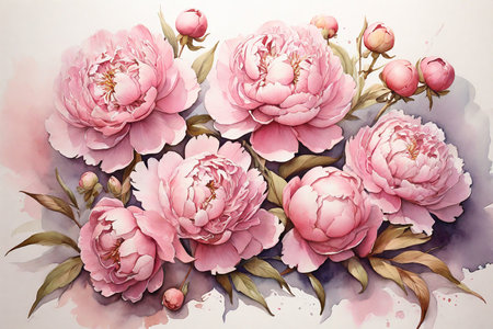 Beautiful pink peony flowers in watercolor style. Digital illustrationの素材