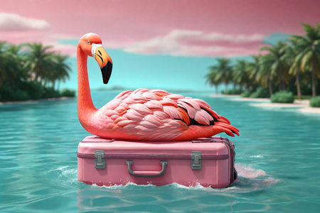 Pink flamingo on a pink suitcase in the sea. 3d renderの素材