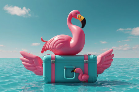 Pink flamingo in the sea with a suitcase. 3d renderの素材