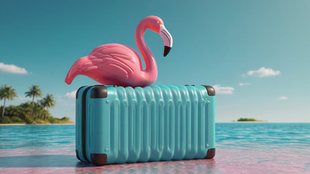 Suitcase with pink flamingo on the beach. 3d renderingの素材