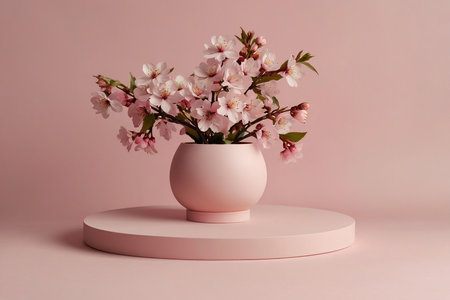 Cherry blossoms in vase on pink background. Minimal style.の素材