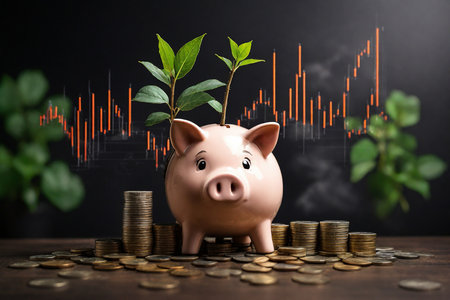 Piggy bank with plant growing on coins and graph chart on dark backgroundの素材