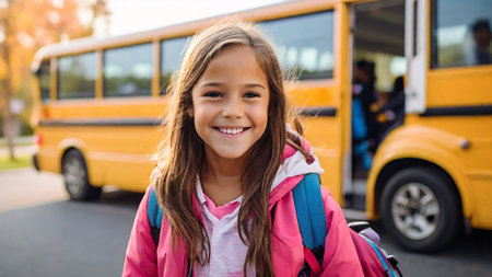 Portrait of smiling schoolgirl with backpack standing in front of school busの素材