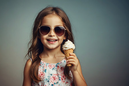Smiling little girl in sunglasses eating ice cream on gray background.の素材