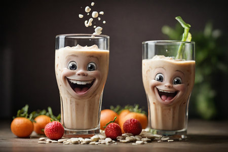 A healthy drink for energy, growth and nutrition. Smiling milkshakes with milk and fruits on a wooden tableの素材