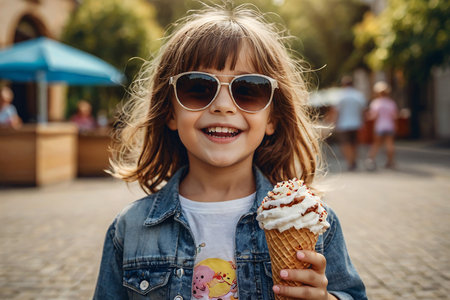 Little girl in sunglasses eating ice cream outdoors in summer day. Close-up portrait.の素材