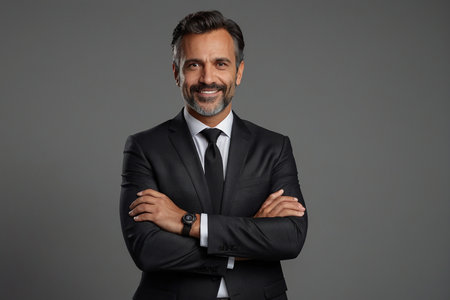 Handsome mature businessman standing with arms crossed and looking at cameraの素材