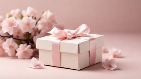 Gift box with pink cherry blossom flowers on pastel backgroundの素材