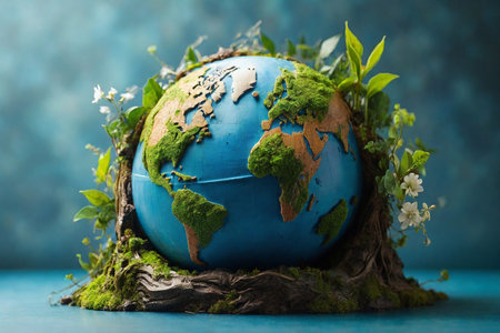 Globe with green moss and flowers on blue background. Earth day conceptの素材