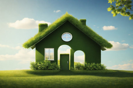 Green house with grass and blue sky background. 3d rendering.の素材