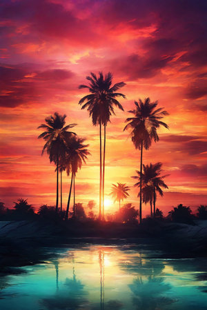 Palm trees at sunset with reflection in the water. Digital paintingの素材