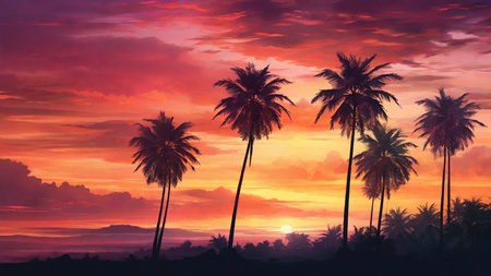 Palm trees on the background of a beautiful sunset. Digital painting.の素材