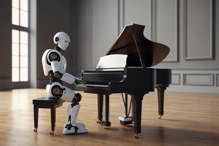 3d rendering robot playing piano in empty room with wooden floor.の素材