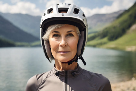 Portrait of senior woman with bicycle helmet against lake in the mountainsの素材