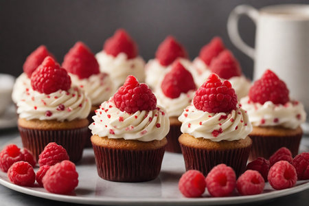 Cupcakes with raspberries and whipped cream on gray backgroundの素材