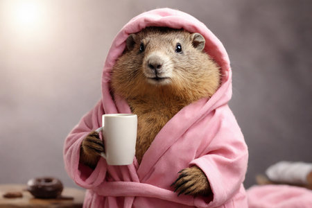Cute marmot in bathrobe with cup of coffee on gray backgroundの素材