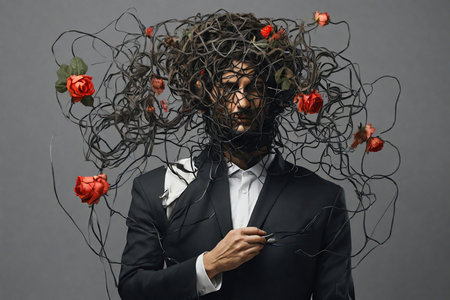 Contemporary art collage with a man in formal wear with a confused head. Mental health concept, manipulation, psychology.の素材