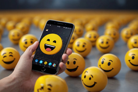 Smartphone screen displaying a smiley face emoticon on a crowd of yellow emoticonsの素材