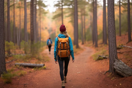 A young woman with a backpack walks along a trail in the autumn forest.の素材