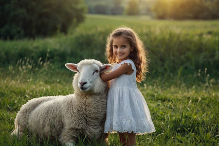 Cute little girl with a sheep in the meadow at sunsetの素材