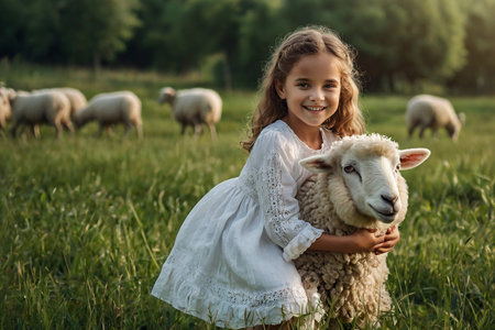 Little girl in white dress with sheeps on green meadow.の素材