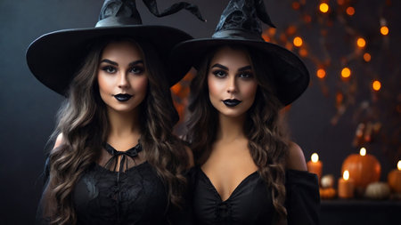Two beautiful young women in black witch halloween costumes and makeupの素材