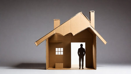 Silhouette of a man standing in front of a house door. Background for sale and rental of suburban real estate.の素材