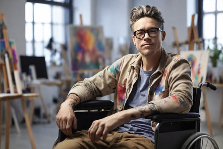 Portrait of a young man in a wheelchair in an art studioの素材