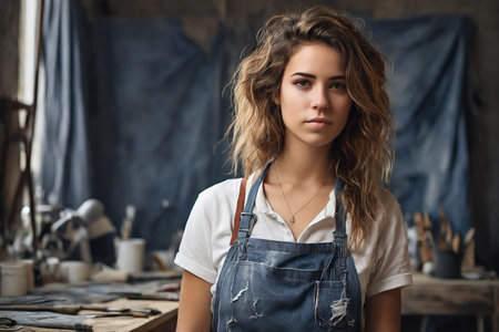 Portrait of a beautiful young woman in apron standing in workshopの素材