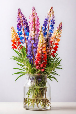 Bouquet of colorful lupins in a glass vaseの素材