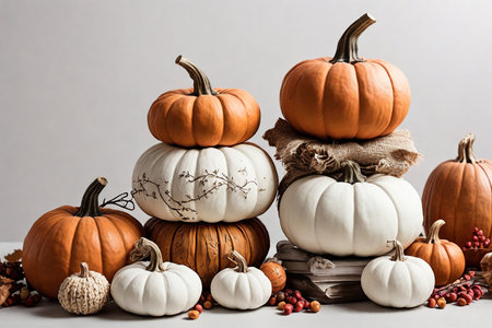 Pumpkins and autumn leaves on a gray background. Autumn still life.の素材