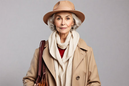 Happy senior woman in beige trench coat and hat with handbagの素材