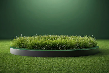 3d render of round podium with grass on green grass background.の素材