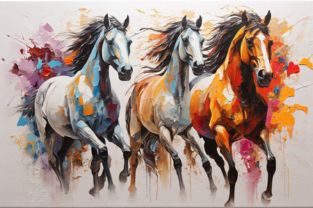 Painting of horses in a row on white background. Hand drawn illustrationの素材
