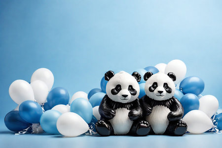 Cute panda bears with blue and white balloons on blue backgroundの素材