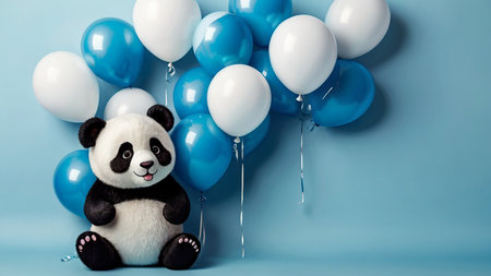 Cute panda with balloons on blue background, copy space.の素材