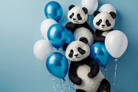 Cute panda bears with balloons on blue background, closeupの素材