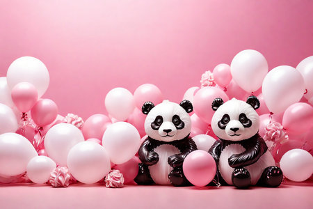 Panda bear with pink and white balloons on pink background, copy spaceの素材