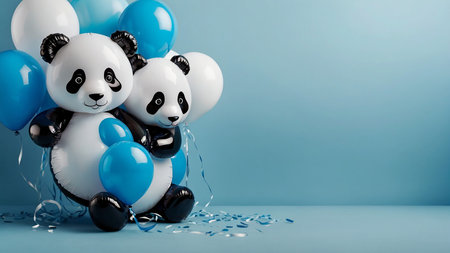 Cute panda birthday balloons and confetti on blue background.の素材