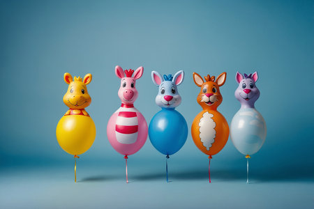 Group of colorful balloons in the shape of animals on a blue backgroundの素材