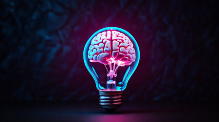 Human brain inside of incandescent light bulb glowing in blue and pink against a dark background. Creative idea conceptの素材